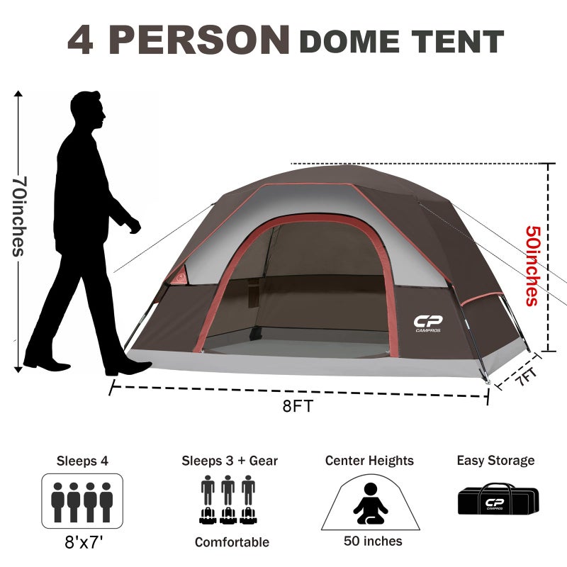 CAMPROS CP 3 Person Tent, Dome Tents for Camping with Rainfly, Waterproof Camping Tent Easy Set Up, Portable Family Tent with Large Mesh Window & Carry Bag for Outdoor Hiking - Image 2